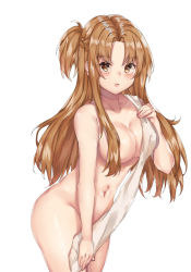 Rule 34 | 1girl, absurdres, asuna (sao), blush, braid, breasts, brown eyes, brown hair, completely nude, covered erect nipples, highres, kanniiepan, large breasts, long hair, looking at viewer, navel, nude, parted bangs, parted lips, simple background, solo, standing, sword art online, towel, white background, white towel