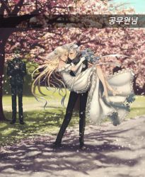 Rule 34 | 1boy, 2girls, alternate costume, bare shoulders, black footwear, black jacket, black pants, blonde hair, blush, bouquet, boutonniere, breasts, bridal veil, bye (lbyel), carrying, cherry blossoms, clapping, closed mouth, day, dress, earrings, elbow gloves, flower, formal, g36 (girls&#039; frontline), g36 (pure white cornflower) (girls&#039; frontline), girls&#039; frontline, gloves, gradient hair, hair flower, hair ornament, high heels, highres, holding, holding bouquet, jacket, jewelry, loafers, long hair, looking at another, medium breasts, multicolored hair, multiple girls, necktie, off shoulder, official alternate costume, open mouth, outdoors, pant suit, pants, princess carry, scenery, shoes, short hair, sidelocks, signature, silver hair, smile, suit, tuxedo, vector (girls&#039; frontline), veil, wedding dress, white gloves, wind, yellow eyes