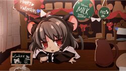 Rule 34 | 1girl, ahoge, animal ear fluff, animal ears, blush, bow, capelet, chalkboard, commentary request, cookie (touhou), crossed arms, grey hair, happy valentine, heart, looking at viewer, manatsu no yo no inmu, mouse ears, mouse girl, mouse tail, nazrin, nyon (cookie), open mouth, red bow, red eyes, short hair, smile, solo, sparseseethe, table, tail, teapot, touhou, upper body, weighing scale, white capelet