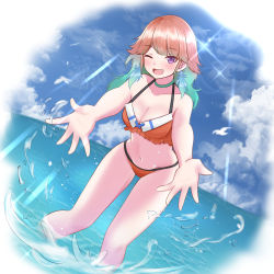 Rule 34 | 1girl, adapted costume, bikini, breasts, day, earrings, feather earrings, feathers, gradient hair, green hair, halterneck, highres, hololive, hololive english, jewelry, jigurii, long hair, looking at viewer, medium breasts, multicolored hair, one eye closed, open mouth, orange hair, purple eyes, reaching, reaching towards viewer, sky, smile, solo, swimsuit, takanashi kiara, virtual youtuber, wading, water