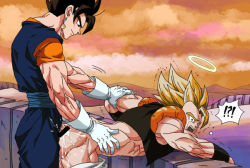 Rule 34 | 2boys, abs, anal, bar censor, bara, blush, censored, cum, cum in ass, dragon ball, dragonball z, ejaculating while penetrated, ejaculation, gogeta, halo, male focus, male penetrated, multiple boys, muscular, naughty face, outdoors, pectorals, sex, son goku, tagme, vegeta, vegetto, wince, yaoi