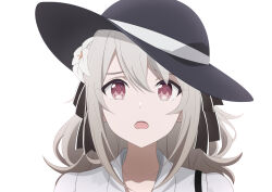 Rule 34 | 1girl, black hat, collared shirt, commentary request, derivative work, flower, grey hair, hair between eyes, hair flower, hair ornament, hat, lily (spy kyoushitsu), long hair, looking at viewer, open mouth, portrait, red eyes, shirt, simple background, solo, spy kyoushitsu, white background, white flower, white shirt, yutsuki warabi