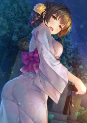 Rule 34 | 1girl, ass, back, blue kimono, blush, braid, breasts, brown eyes, brown hair, commentary request, cowboy shot, crown braid, flower, from behind, graveyard, hair flower, hair ornament, hand fan, hand on own chest, highres, holding, imachireki, japanese clothes, kimono, light particles, looking at viewer, looking back, medium breasts, night, night sky, obi, open mouth, original, outdoors, pantylines, paper fan, sash, short hair, side ponytail, sky, solo, standing, tassel, tearing up, tears, teeth, tree, upper teeth only, yellow eyes, yellow flower, yukata