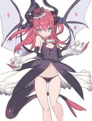 Rule 34 | 10s, ascot, bare shoulders, black dress, black hat, black panties, blade (galaxist), blush, cleavage cutout, clothing cutout, commentary request, curled horns, detached sleeves, dragon girl, dragon horns, dragon tail, dragon wings, dress, elizabeth bathory (fate), elizabeth bathory (fate/extra ccc), fang, fate/extra, fate/extra ccc, fate (series), fingerless gloves, frills, gloves, green eyes, hair between eyes, hair ribbon, hat, horns, long hair, long sleeves, looking at viewer, mini hat, navel, official alternate costume, panties, parted lips, purple ribbon, red hair, ribbon, simple background, solo, tail, two side up, underwear, white ascot, white background, white gloves, wings, witch hat
