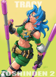 Rule 34 | 1girl, backwards hat, badge, baseball cap, black gloves, black hat, blue hair, blue nails, buckle, character name, copyright name, cowboy shot, crop top, dated, dual wielding, earrings, elbow pads, fingernails, gloves, gradient background, green background, green eyes, green shorts, hat, holding, jewelry, knee pads, long hair, looking at viewer, moeshino, nail polish, parted bangs, shiny skin, shorts, solo, standing, tan, toned, tonfa, toushinden, tracy (toushinden), weapon, yellow background