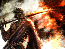Rule 34 | 1boy, bandages, bccp, fire, japanese clothes, male focus, manly, red eyes, rurouni kenshin, shishio makoto, solo, sword, weapon