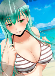 Rule 34 | 10s, 1girl, beach, bikini, blue sky, blush, breasts, cleavage, clenched teeth, cloud, collarbone, day, female focus, green eyes, green hair, hair ornament, hairclip, hands on own chest, highres, kantai collection, kiko (okuwae), large breasts, lips, long hair, looking at viewer, matching hair/eyes, outdoors, parted lips, shadow, shiny skin, sky, smile, solo, striped bikini, striped clothes, suzuya (kancolle), swimsuit, teeth, upper body, weavehabit