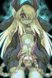 Rule 34 | 1girl, :|, blonde hair, closed mouth, collarbone, colored skin, cowboy shot, etrian odyssey, expressionless, eyelashes, flat chest, gluteal fold, green skin, hair over one eye, hands in pockets, highres, hood, hoodie, horns, itsumo nokoru, long hair, looking at viewer, naked hoodie, navel, necromancer (sekaiju), no pants, open clothes, open hoodie, red eyes, robe, scar, sekaiju no meikyuu, sekaiju no meikyuu 5, skull, solo, standing, stomach, thighs