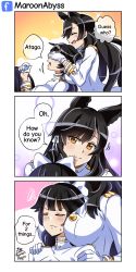 Rule 34 | 10s, 2girls, animal ears, artist name, atago (azur lane), azur lane, between breasts, black hair, blush, bow, breast envy, breasts, brown eyes, character name, closed eyes, closed mouth, clueless, comic, covering privates, covering another&#039;s eyes, covering own eyes, dog ears, embarrassed, english text, gloves, hair bow, hair flaps, head between breasts, highres, large breasts, long hair, maroonabyss, mole, mole under eye, motion lines, multiple girls, open mouth, ponytail, smile, sparkle, speech bubble, squiggle, sweatdrop, swept bangs, takao (azur lane), upper body, white bow