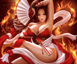 Rule 34 | 1girl, bare shoulders, breasts, cleavage, fatal fury, fire, huge breasts, japanese clothes, long hair, looking at viewer, ponytail, revealing clothes, shiranui mai, snk, solo, the king of fighters, yupachu