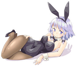 Rule 34 | 1girl, alternate costume, animal ears, arnest, bare arms, bare shoulders, black bow, black bowtie, black footwear, black hairband, black leotard, blue eyes, blush, bow, bowtie, breasts, brown pantyhose, cleavage, commentary, detached collar, fake animal ears, hair bow, hairband, izayoi sakuya, leotard, looking at viewer, lying, medium breasts, on side, pantyhose, parted lips, playboy bunny, rabbit ears, shoes, short hair, silver hair, simple background, solo, strapless, strapless leotard, thighs, touhou, white background, wrist cuffs