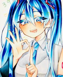Rule 34 | 1girl, 39, akami ao, blue eyes, blue hair, blue necktie, blush, collared shirt, detached sleeves, grey shirt, hair between eyes, hatsune miku, heart, highres, long hair, long sleeves, looking at viewer, necktie, open mouth, shirt, sleeveless, sleeveless shirt, smile, solo, square, triangle mouth, twintails, upper body, vocaloid
