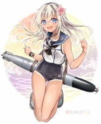 Rule 34 | 10s, 1girl, :d, bare legs, bare shoulders, blue eyes, blush, bracelet, clenched hands, crop top, flower, hair flower, hair ornament, jewelry, kantai collection, long hair, looking at viewer, neckerchief, open mouth, ro-500 (kancolle), sailor collar, school swimsuit, shijima (sjmr02), silver hair, slippers, smile, solo, swimsuit, swimsuit under clothes, tan, tanline, torpedo
