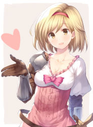Rule 34 | 1girl, :d, armor, blonde hair, breasts, brown eyes, brown gloves, cleavage, collarbone, djeeta (granblue fantasy), gauntlets, gloves, granblue fantasy, grey background, hairband, heart, leyte, looking at viewer, medium breasts, open mouth, revision, shirt, short hair, shoulder armor, smile, solo, strap, sword, upper body, weapon, white shirt