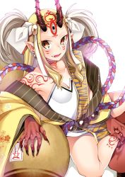 Rule 34 | 1girl, bare shoulders, blonde hair, breasts, claws, cleavage, earrings, fangs, fate/grand order, fate (series), female focus, floral print, highres, horns, ibaraki douji (fate), japanese clothes, jewelry, kimono, long hair, looking at viewer, myayoi62, off shoulder, oni, oni horns, pointy ears, short kimono, simple background, small breasts, smile, solo, white background, wide sleeves, yellow eyes, yellow kimono