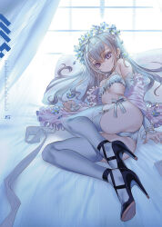 Rule 34 | 1girl, backlighting, bed, bra, choco (chocolate shop), copyright request, detached sleeves, flower wreath, frilled bra, frills, garter belt, garter straps, grey hair, head wreath, high heels, highres, lingerie, long hair, looking at viewer, lying, on bed, on side, panties, parted lips, pillow, purple eyes, solo, thighhighs, underwear, white bra, white panties, white thighhighs, window