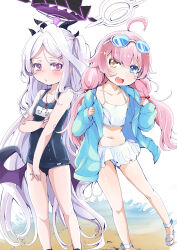 Rule 34 | 2girls, :d, absurdres, ahoge, beach, bikini, blue archive, blue jacket, blush, collarbone, commentary request, demon girl, demon horns, demon wings, eyewear on head, frilled bikini, frills, full body, hair bobbles, hair ornament, hairclip, halo, heterochromia, highres, hina (blue archive), hina (swimsuit) (blue archive), hood, hooded jacket, horns, hoshino (blue archive), hoshino (swimsuit) (blue archive), jacket, long hair, long sleeves, looking at viewer, low twintails, midriff, multiple girls, name tag, navel, ocean, official alternate costume, old school swimsuit, one side up, open clothes, open jacket, open mouth, outdoors, parted bangs, parted lips, pink hair, purple eyes, school swimsuit, shi ecchi, sidelocks, sleeveless, smile, standing, stomach, sunglasses, swimsuit, twintails, whistle, whistle around neck, white bikini, white hair, wings