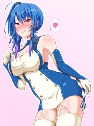 Rule 34 | 1girl, :d, ahoge, arima kouichi, azur lane, bare shoulders, blue hair, blush, breasts, cleavage, commentary request, dress, elbow gloves, garter straps, gloves, heart, large breasts, licking lips, long hair, looking at viewer, naughty face, open mouth, panties, pencil skirt, pink background, purple eyes, shiny skin, simple background, skirt, smile, solo, spoken heart, st. louis (azur lane), thighhighs, tongue, tongue out, underwear, white gloves, white thighhighs