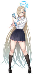 Rule 34 | absurdres, asuna (blue archive), black choker, black footwear, black skirt, blonde hair, blue archive, blue bow, blue bowtie, blue eyes, blue halo, blue nails, blue ribbon, bow, bowtie, cellphone, choker, commentary request, fingernails, full body, hair over one eye, hair ribbon, halo, highres, holding, holding phone, loafers, long hair, looking at viewer, nahanmin, nail polish, phone, pleated skirt, ribbon, school uniform, scrunchie, shirt, shoes, simple background, skirt, smile, standing, very long hair, white background, white shirt, wrist scrunchie