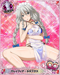 Rule 34 | 1girl, bikini, blue bikini, braid, breast hold, breasts, card (medium), character name, chess piece, closed mouth, grayfia lucifuge, grey eyes, grey hair, high school dxd, high school dxd infinity, large breasts, lipstick, long hair, looking at viewer, maid headdress, makeup, official art, queen (chess), red lips, see-through, smile, solo, spread legs, swimsuit, towel, trading card, twin braids