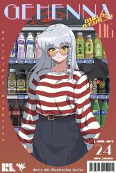 Rule 34 | 1girl, absurdres, baggy clothes, barcode, belt, blue archive, bottle, braid, brand name imitation, brown-tinted eyewear, can, closed mouth, collarbone, cover, dated, drink can, english text, fake magazine cover, grey hair, halo, haruna (blue archive), high-waist skirt, highres, hrna, light smile, logo parody, long hair, long sleeves, magazine cover, orange-tinted eyewear, red hair, red halo, red lips, retro artstyle, shirt, shop, side braid, single wing, skirt, solo, striped clothes, striped shirt, sunglasses, tinted eyewear, wing piercing, wings
