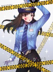 Rule 34 | 1girl, animal print, bad id, bad pixiv id, belt, belt buckle, black necktie, black pants, blue shirt, blush, breast pocket, breasts, brown eyes, brown hair, buckle, buttons, caution tape, character name, collared shirt, cowboy shot, d.va (overwatch), eyelashes, facepaint, facial mark, female service cap, gloves, gun, hanato (seonoaiko), hand up, handgun, hat, heroes of the storm, holding, holding gun, holding weapon, keep out, legs apart, long hair, long sleeves, medium breasts, necktie, officer d.va, official alternate costume, open mouth, overwatch, overwatch 1, pants, pistol, pocket, police, police hat, police uniform, policewoman, rabbit print, shirt, solo, standing, uniform, weapon, whisker markings, white gloves, wing collar
