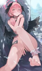 Rule 34 | 1girl, absurdres, barefoot, bikini, black bikini, black bow, black bowtie, black wings, blue archive, blush, bow, bowtie, closed mouth, feet, feng zhe (user jnxf3524), floral print, foot out of frame, halo, head wings, highres, knee up, koharu (blue archive), koharu (swimsuit) (blue archive), long hair, low wings, pink eyes, pink hair, print bikini, soles, solo, swimsuit, wings