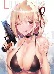 Rule 34 | 1girl, :p, ;q, alternate breast size, bikini, black bikini, black choker, blonde hair, breasts, choker, cleavage, gun, hair ribbon, handgun, hands up, highres, holding, holding gun, holding weapon, huge breasts, lycoris recoil, nishikigi chisato, one eye closed, one side up, orange eyes, red ribbon, ribbon, short hair, silly (marinkomoe), solo, swimsuit, tongue, tongue out, trigger discipline, upper body, w, weapon, weapon request