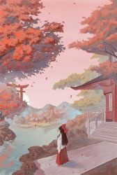 Rule 34 | 1girl, architecture, autumn leaves, bow, brown hair, east asian architecture, falling leaves, from behind, from side, hair bow, hakama, hakama skirt, hakurei reimu, japanese clothes, leaf, long hair, nana (13054942), outdoors, pink sky, red bow, red skirt, scenery, skirt, sky, solo, stairs, standing, sun, torii, touhou, tree, water, wide shot, wide sleeves