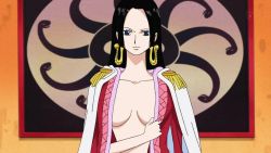 Rule 34 | 1girl, amazon lily, black hair, blue eyes, boa hancock, cape, earrings, female focus, jewelry, jolly roger, long hair, one piece, open clothes, solo