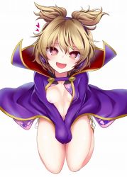 Rule 34 | 1girl, amisu, breasts, cape, covering privates, covering crotch, heart, heart-shaped pupils, mind control, naked cape, nipples, nude, one breast out, simple background, small breasts, socks, solo, symbol-shaped pupils, touhou, toyosatomimi no miko, white background