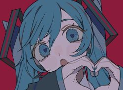 Rule 34 | 1girl, :o, blue eyes, blue hair, blue nails, close-up, eyelashes, hatsune miku, heart, heart-shaped pupils, heart hands, highres, long hair, looking at viewer, miku day, minazuki (0038), nail polish, red background, solo, symbol-shaped pupils, twintails, very long hair, vocaloid