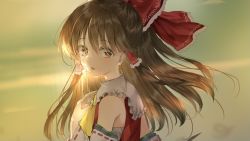 Rule 34 | 1girl, :o, ascot, blurry, blurry background, bow, brown eyes, brown hair, close-up, detached sleeves, floating hair, frilled shirt collar, frills, from side, hair bow, hair over eyes, hair ribbon, hair tubes, hakurei reimu, half updo, hand on own chest, hand up, light blush, long fingers, looking at viewer, looking back, looking to the side, medium hair, parted lips, piyo (sqn2idm751), portrait, raised eyebrows, red bow, red ribbon, red shirt, ribbon, ribbon-trimmed sleeves, ribbon trim, sarashi, shirt, sleeveless, sleeveless shirt, solo, sunset, tareme, touhou, yellow ascot