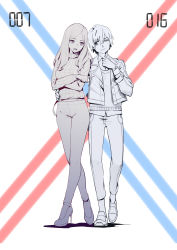 Rule 34 | 10s, 1boy, 1girl, :d, absurdres, belt, collared shirt, couple, darling in the franxx, gorgeous mushroom, hand on another&#039;s waist, high heels, highres, hiro (darling in the franxx), jacket, limited palette, long hair, long sleeves, nana (darling in the franxx), no socks, one eye closed, open clothes, open jacket, open mouth, pants, pointing, shirt, shoes, short hair, smile, standing, vest, watch, wristwatch