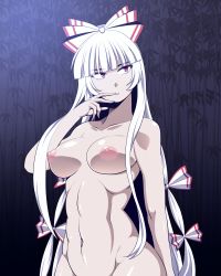 Rule 34 | 1girl, abs, amazon (taitaitaira), arm at side, bamboo, bamboo forest, blunt bangs, bow, breasts, breasts apart, collarbone, finger to mouth, forest, fujiwara no mokou, groin, hair bow, hair over shoulder, hair ribbon, hand up, highres, hip focus, long hair, looking to the side, medium breasts, nature, navel, night, nipples, nude, parted lips, red eyes, ribbon, shiny skin, sidelocks, solo, standing, stomach, toned, touhou, upper body, very long hair, white hair