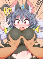 Rule 34 | !?, 1boy, 1girl, anger vein, animal ear fluff, animal ears, blush, grabbing another&#039;s breast, breasts, brown background, bwell, commentary request, covered erect nipples, dowsing rod, grabbing, grey hair, grey skirt, grey vest, groping, hetero, highres, large breasts, long sleeves, looking at viewer, looking down, midriff, mouse ears, mouse girl, mouse tail, navel, nazrin, nose blush, open mouth, pov, pov hands, red eyes, shirt, short hair, skirt, solo focus, surprised, tail, touhou, upper body, vest, white shirt