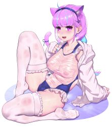 Rule 34 | 1girl, absurdres, animal ear fluff, animal ears, blue hairband, breasts, cat ears, cat tail, colored inner hair, frilled thighhighs, frills, hairband, highres, hololive, light smile, looking at viewer, medium breasts, minato aqua, minato aqua (sailor), multicolored hair, nipples, open mouth, purple eyes, purple hair, rat huang, see-through, simple background, sitting, solo, streaked hair, sweat, tail, thighhighs, two-tone hair, virtual youtuber, white background
