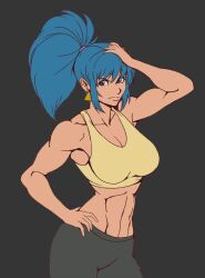 Rule 34 | 1girl, abs, arm up, armpit peek, blue eyes, blue hair, breasts, cleavage, hand on own hip, hand on own head, large breasts, leona heidern, looking at viewer, midriff, navel, pants, ponytail, snk, tank top, the king of fighters
