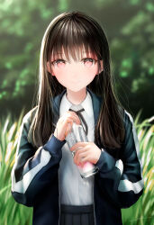 Rule 34 | 1girl, absurdres, black hair, black ribbon, blurry, blurry background, bottle, closed mouth, collared shirt, commentary, grey skirt, highres, holding, holding bottle, jacket, long hair, looking at viewer, neck ribbon, ojay tkym, open clothes, open jacket, original, outdoors, pink eyes, pleated skirt, ribbon, school uniform, shirt, shirt tucked in, signature, skirt, smile, solo, symbol-only commentary, white shirt