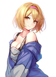 Rule 34 | 1girl, absurdres, aki663, alternate costume, blonde hair, blush, breasts, brown eyes, cleavage, collarbone, djeeta (granblue fantasy), granblue fantasy, hairband, highres, looking at viewer, parka, short hair, simple background, smile, solo, white background