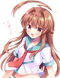 Rule 34 | 1girl, ahoge, aqua sailor collar, brown eyes, brown hair, collarbone, commentary request, fang, highres, huge ahoge, kantai collection, kuma (kancolle), long hair, looking at viewer, masayo (gin no ame), navel, necktie, open mouth, red necktie, sailor collar, school uniform, serafuku, short sleeves, smile, solo, sparkle background, upper body, very long hair, white background