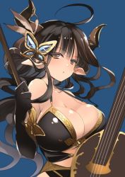 Rule 34 | 10s, 1girl, ahoge, augusta (granblue fantasy), black gloves, black hair, blue background, blush, breasts, butterfly hair ornament, cello, cleavage, draph, gloves, granblue fantasy, hair ornament, horns, instrument, large breasts, long hair, mizuno sao, open mouth, pointy ears, simple background, sketch, solo, yellow eyes