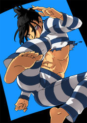 Rule 34 | 1boy, abs, alternate costume, barefoot, black hair, blouse, bulge, facial mark, feet, folded ponytail, jumping, kita makura, male focus, muscular, one-punch man, onsoku no sonic, prison clothes, prisoner, scar, shirt, solo, striped clothes, striped shirt, toes, torn clothes, torn shirt