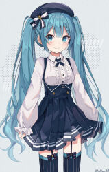 Rule 34 | 1girl, arms at sides, beret, black bow, black skirt, black thighhighs, blue eyes, blue hair, blue hat, blush, bow, braid, buttons, center frills, closed mouth, collared shirt, commentary, cowboy shot, dot nose, english commentary, frills, garter straps, grey background, hair between eyes, hat, hat bow, hatsune miku, high-waist skirt, highres, long hair, long sleeves, looking at viewer, noneon319, pinstripe thighhighs, pleated skirt, polka dot, polka dot background, puffy sleeves, raised eyebrows, shirt, shirt tucked in, sidelocks, signature, simple background, skirt, smile, solo, striped bow, striped clothes, striped thighhighs, suspender skirt, suspenders, thighhighs, twintails, vertical-striped clothes, vertical-striped thighhighs, very long hair, vocaloid, white shirt, zettai ryouiki