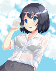 Rule 34 | 1girl, arm up, arms behind back, black hair, black skirt, blue eyes, blue sky, bottle, bra, breasts, cleavage, cloud, commentary request, day, dutch angle, head tilt, highres, holding, holding bottle, kuro (be ok), looking at viewer, medium breasts, original, outdoors, parted lips, pleated skirt, see-through, shirt, short hair, skirt, sky, sleeves rolled up, solo, underwear, upper body, water bottle, wet, wet clothes, white bra, white shirt