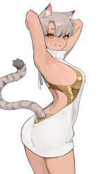 Rule 34 | 1girl, absurdres, animal ear fluff, armpits, arms up, breasts, cat girl, competition swimsuit, dark-skinned female, dark skin, gold one-piece swimsuit, grey hair, grey tail, grin, highres, kara (vertigris), looking at viewer, medium breasts, meme attire, one-piece swimsuit, original, sideboob, simple background, smile, sweater, swimsuit, vertigris, virgin killer sweater, white sweater, yellow eyes