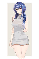 Rule 34 | 1girl, arm behind back, blue eyes, blue hair, braid, braided ponytail, breasts, closed mouth, dp-12 (girls&#039; frontline), dress, feet out of frame, girls&#039; frontline, hairband, highres, jonbur man, long hair, looking at viewer, medium breasts, simple background, smile, solo, standing, white dress, white hairband