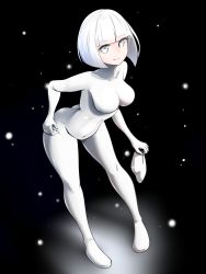 Rule 34 | 1girl, absurdres, black background, bob cut, bodysuit, breasts, collarbone, commentary request, commission, covered navel, highres, holding, holding mask, impossible bodysuit, impossible clothes, j.c.14, large breasts, leaning forward, looking at viewer, mask, original, pixiv commission, short hair, skin tight, smile, solo, standing, white bodysuit, white eyes, white hair, zentai