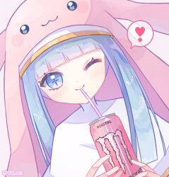 Rule 34 | !, 1girl, animal hood, blue eyes, blue hair, can, digimon, digimon (creature), drink, drinking straw, highres, holding, holding can, hood, long hair, looking at viewer, monster energy, nagoshi, nun, one eye closed, sistermon blanc, solo, speech bubble, upper body