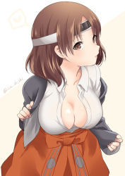 Rule 34 | 10s, 1girl, blouse, blue jacket, breasts, brown eyes, brown hair, chiyoda (kancolle), cleavage, collarbone, cowboy shot, eyebrows, hakama, hakama skirt, headband, heart, ica, jacket, japanese clothes, kantai collection, large breasts, long sleeves, looking at viewer, multicolored background, no bra, orange hakama, parted lips, shirt, short hair, skirt, solo, speech bubble, spoken heart, twitter username, two-tone background, white shirt